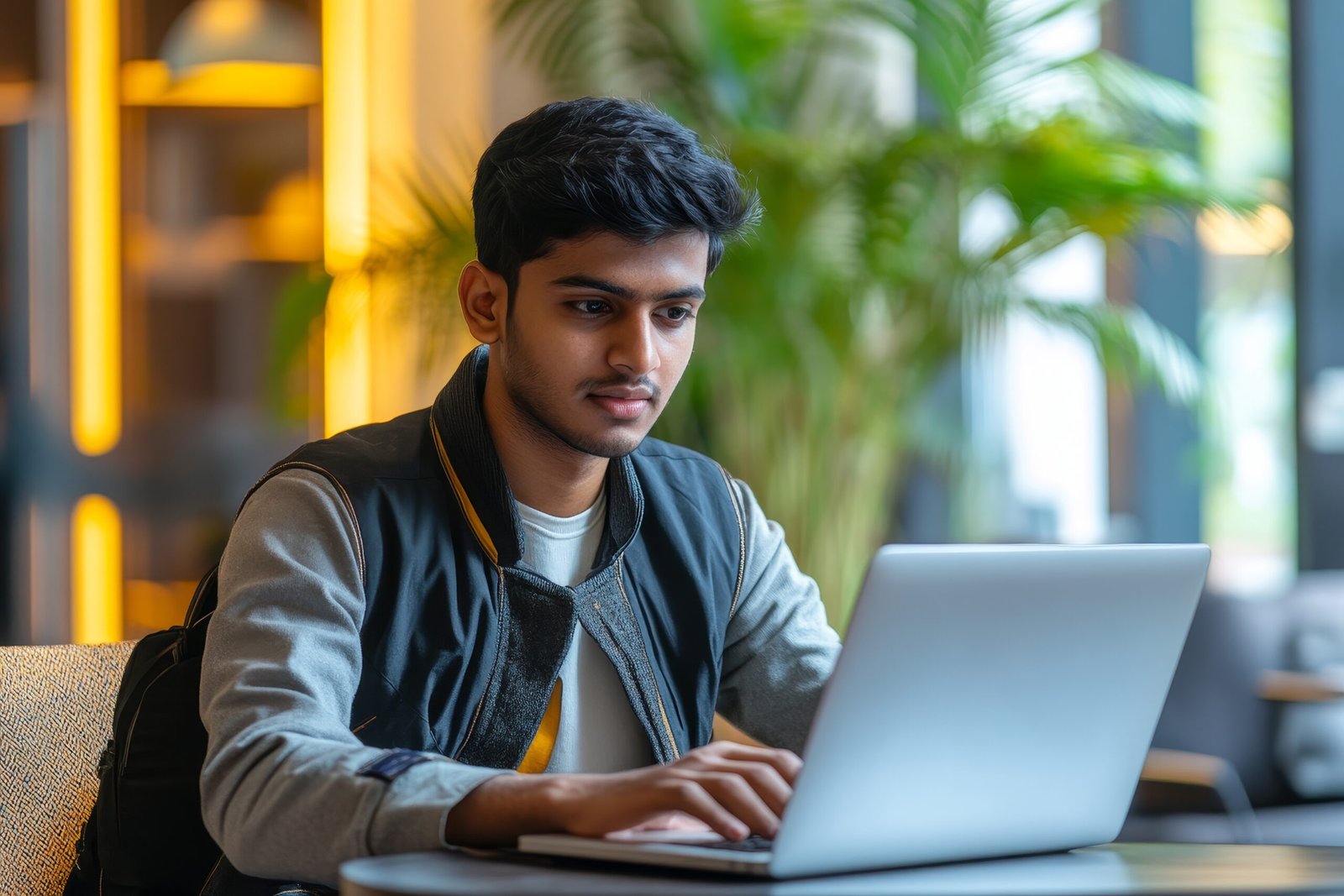 A young Indian businessman sits at a desk in a modern office, concentrating on his laptop. He is dressed casually in a black jacket, symbolizing both professionalism and approachability. The warm lighting and greenery in the background create a welcoming and productive atmosphere, suggesting success and a positive working environment. The image represents modern business practices, digital communication, and the importance of focus and dedication.